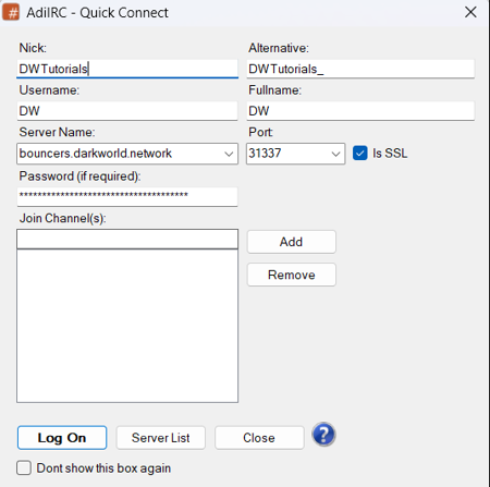 Example server configuration in DWBouncers/Clients/AdiIRC