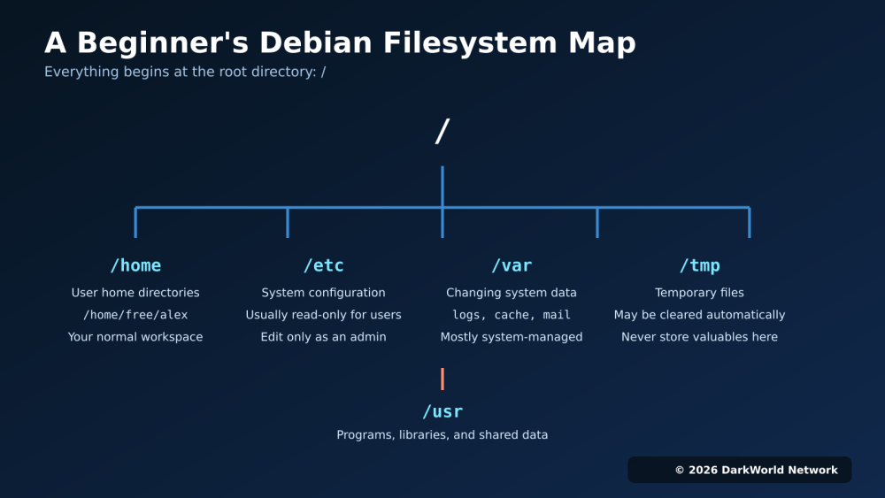 Beginner map of the Debian filesystem showing home, etc, var, tmp, and usr