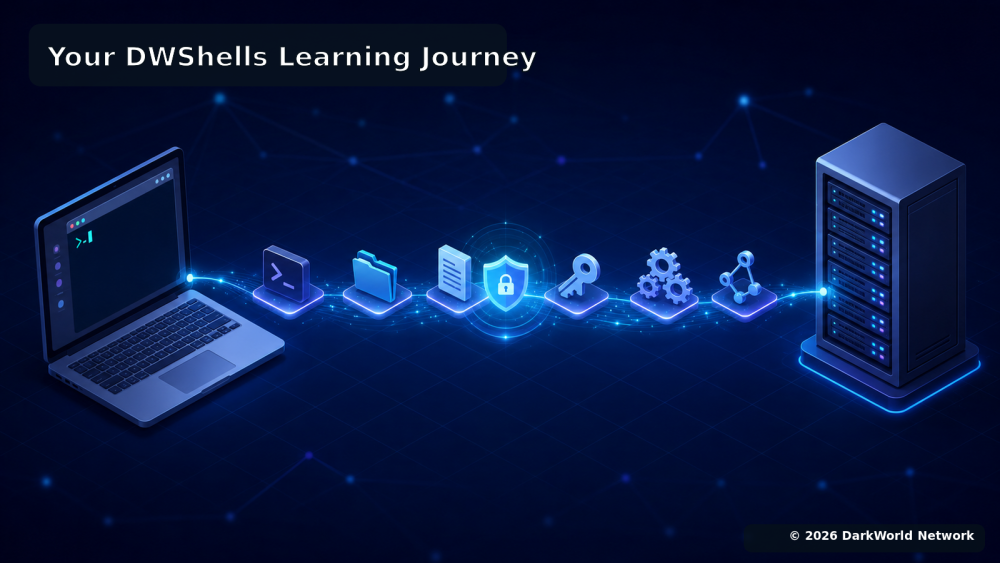 Illustration showing the journey from a local terminal through Linux skills to a remote server